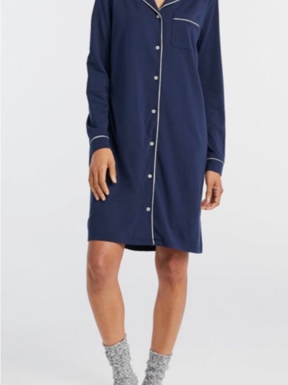 L.L. Bean Navy Long-Sleeve Button-Front Nightshirt with Contrast Piping